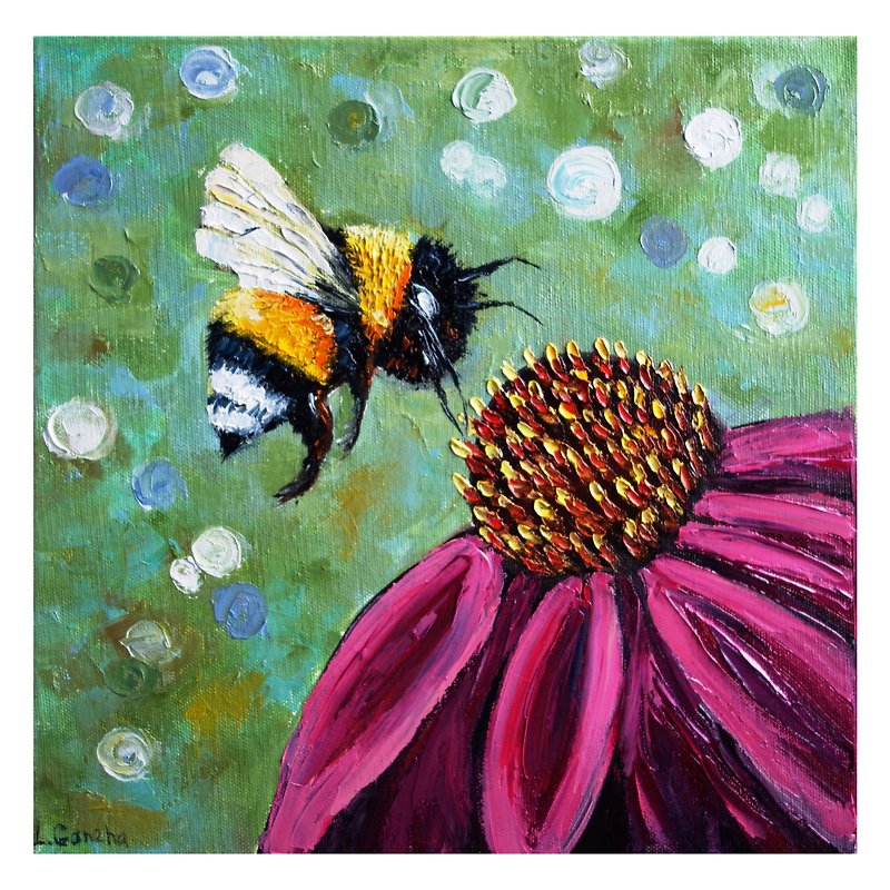 Honey Bee Painting Original Oil Artwork Insect Canvas Art Impasto - โปสเตอร์ - สี หลากหลายสี