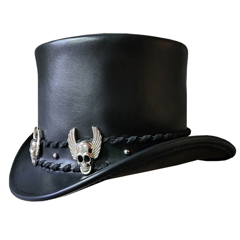 Silver Winged Skull Eldorado Black Leather Top Hat - Hats & Caps - Genuine Leather Black