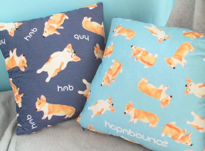 Dog print double sided cushion cover/animal cute toy/ Welsh Corgi/Corgi Plush - หมอน - ผ้าฝ้าย/ผ้าลินิน สีน้ำเงิน
