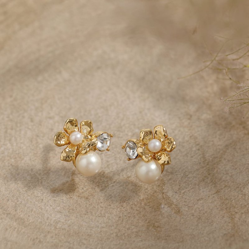 floral bijoux GD - Small flower and pearl crystal post earrings, gold - Earrings & Clip-ons - Other Metals Gold