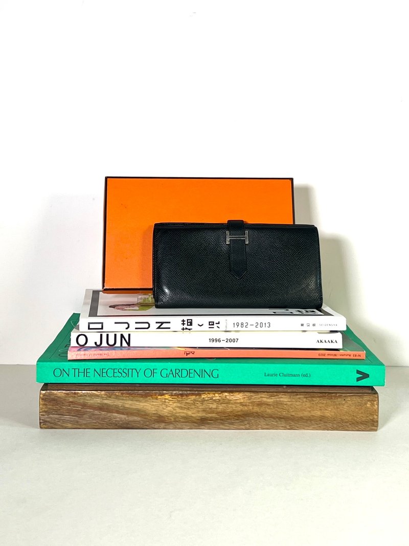 Hermes Silver buckle black leather long wallet Silver card set original box sunrise second-hand vintage - กระเป๋าสตางค์ - หนังแท้ สีดำ