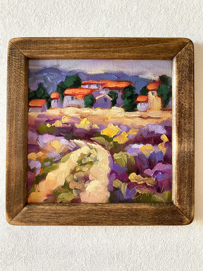 薰衣草田繪畫托斯卡納原創藝術風景油畫厚塗小幅藝術品 8x8 托斯 - 壁貼/牆壁裝飾 - 木頭 