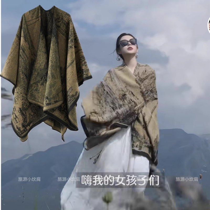 The Mountains Are Calling: Xinjiang Travel Shawl - Ethnic Style Warm & Thick Cape Cloak Outerwear - ผ้าพันคอถัก - วัสดุอื่นๆ 