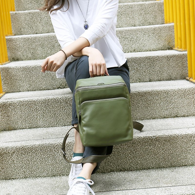 Exhibits Clear【Cosmopolitan】Lightweight Sheepskin Casual Backpack - Matcha Green - Backpacks - Genuine Leather Green