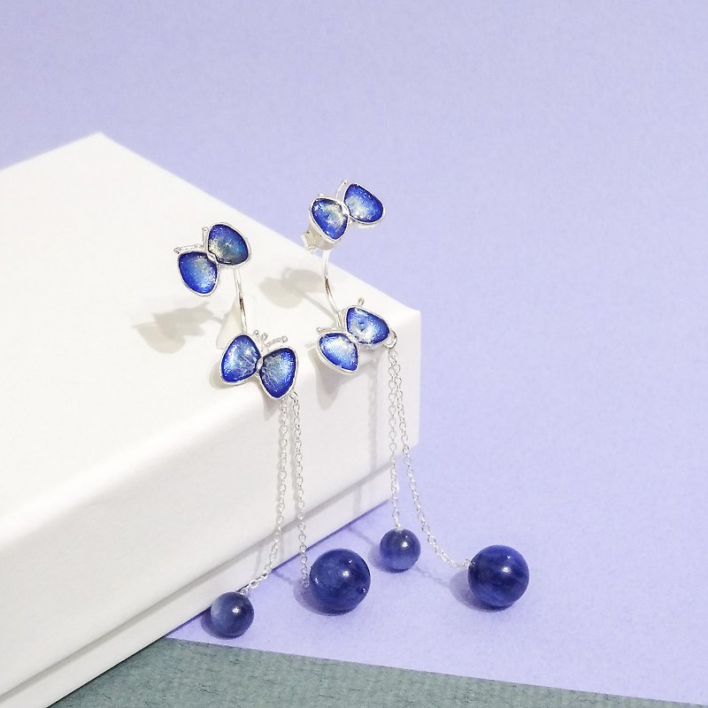琺瑯雙蝴蝶天然石垂墜耳環(藍晶石)拆卸對稱&不對襯多種穿戴 預購 - 耳環/耳夾 - 純銀 藍色