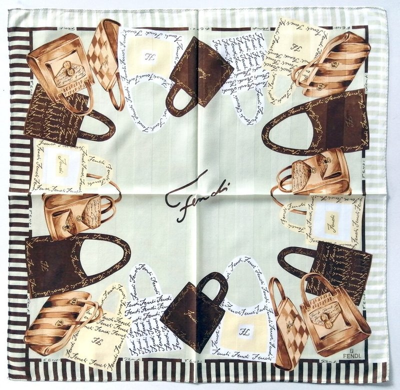 Fendi Vintage Scarf with Women Hand Bag Print 23 x 22.5 inches - 絲巾 - 棉．麻 卡其色