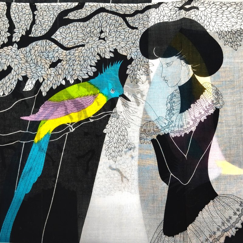 Kimiko Kojima Vintage Handkerchief Beautiful Woman and Birds 18.5 x 18.5 inches - 手帕 - 棉．麻 黑色