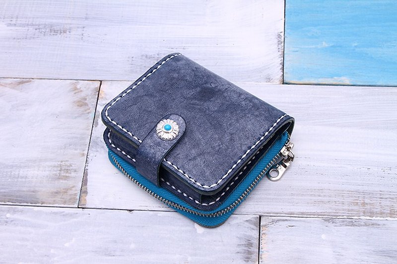 [tangent pie] leather handmade short mini wallet blue - กระเป๋าสตางค์ - หนังแท้ สีน้ำเงิน