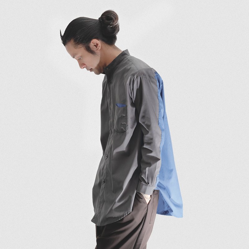 Arc two-tone shirt dark gray x gray blue loose long version - เสื้อเชิ้ตผู้ชาย - ผ้าฝ้าย/ผ้าลินิน สีเทา