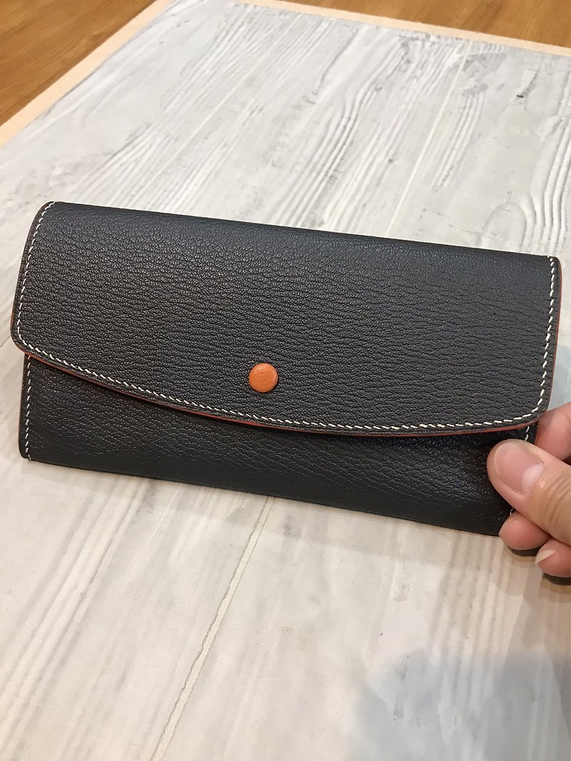 French Alran Sheepskin Envelope Long Clip Wallet (Iron Gray with Hermes Orange) - Wallets - Genuine Leather 