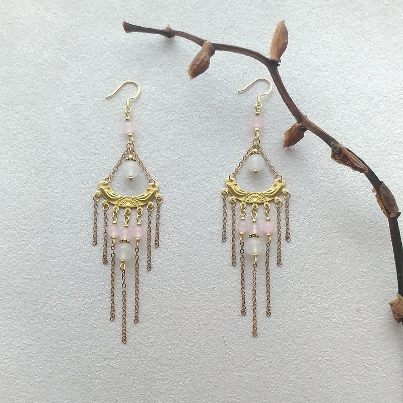 Classical 2- ec02 white powder Bronze pin clip earrings agate - Earrings & Clip-ons - Semi-Precious Stones Pink