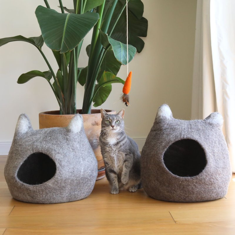 Warm cat nest, cat ear cat nest, chinchilla cat nest, eggshell cat nest, handmade wool felt cat nest, pet bed - Bedding & Cages - Wool 