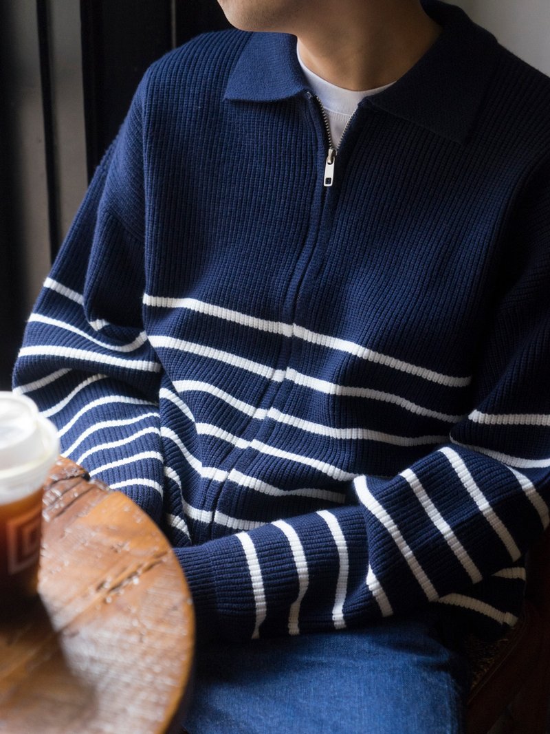 KNIT Japanese style casual striped sweater, winter retro warm all-match lapel zipper sweater jacket - Men's Sweaters - Cotton & Hemp Blue