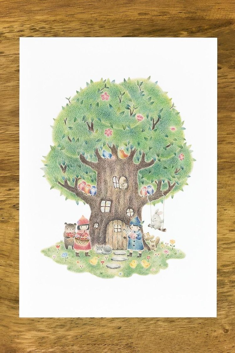 絵のある生活。アートプリント "子供たちと動物たちの大きな木の家" AP-45 - ポスター・絵 - 紙 グリーン