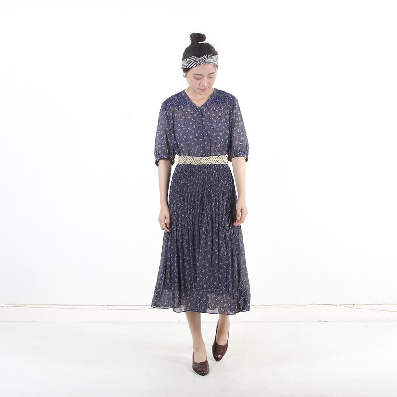 [Earth Plant] Flower and Short Snow Printed Short Sleeve Vintage Dress - One Piece Dresses - Polyester Blue