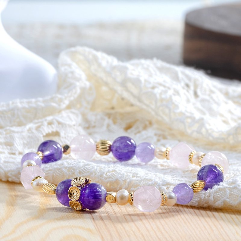 The kite is purple and colorful. Amethyst rose quartz freshwater pearl 14K gold bracelet. Good luck, good popularity - สร้อยข้อมือ - คริสตัล สีม่วง