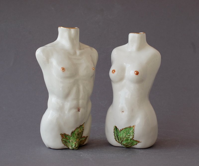 Male and Female Body Ceramic Torso figurine Decorative vase He and she Set - Items for Display - Porcelain White