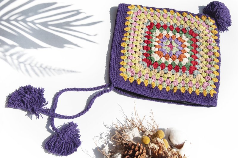 鉤織純棉帽 手工編織方形帽 東歐風格鉤織帽 飛行毛帽 棉線帽-彩 - 帽子 - 羊毛 多色