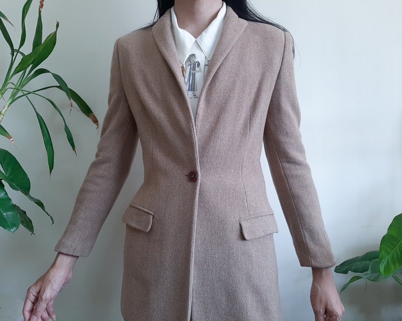 MASKA 義大利復古棕色羊毛長西裝外套修身西裝外套義大利製造 - 女西裝外套 - 羊毛 咖啡色