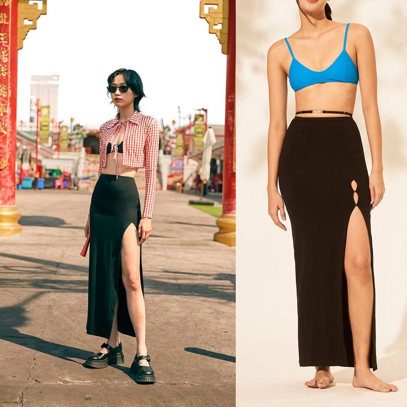 Aprilpoolday / LULU SLIT SKIRT / Black - กระโปรง - วัสดุอื่นๆ สีดำ