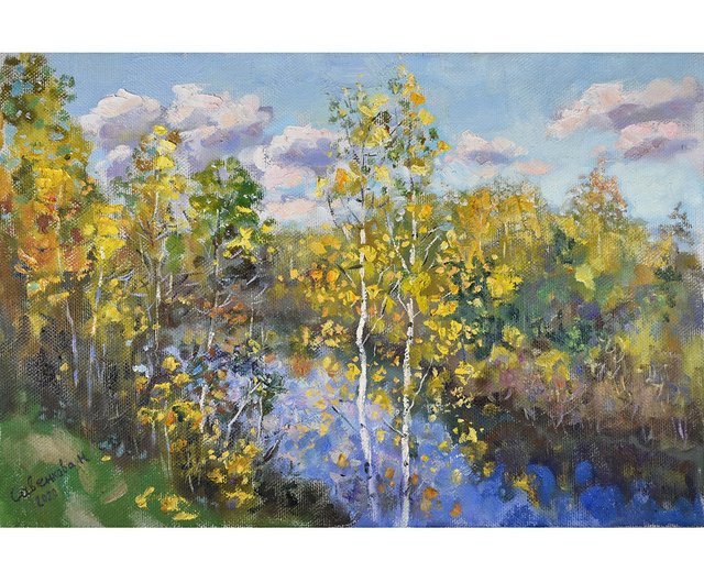 秋の絵 湖の風景 白樺 油畫 原作 原画 自然 戸外 - ショップ