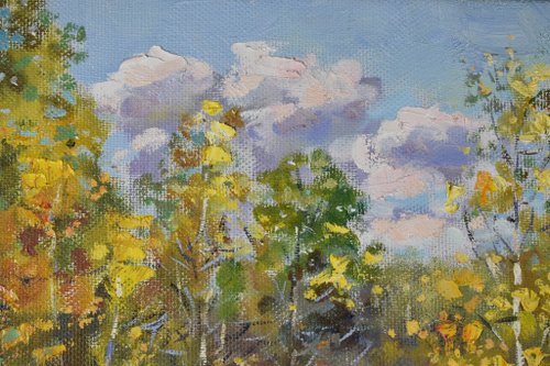 額縁付き　油絵　絵画　白樺の秋の風景 額縁付き 油絵 絵画 白樺の秋の風景 秋の絵画オリジナルの油絵白樺