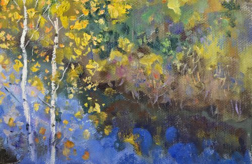 秋の絵 湖の風景 白樺 油畫 原作 原画 自然 戸外 - ショップ