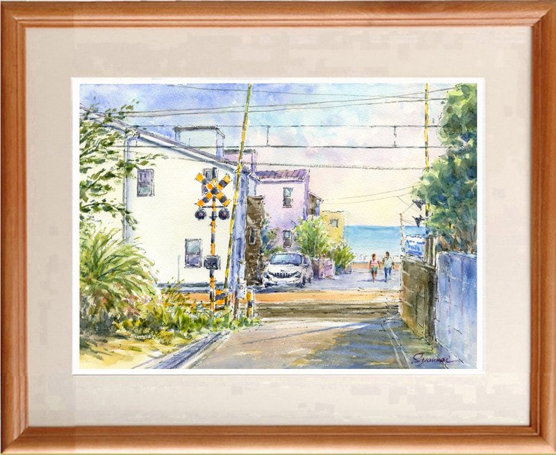 水彩画原画　江ノ電・七里ヶ浜付近の踏切風景 - 海報/掛畫/掛布 - 紙 綠色