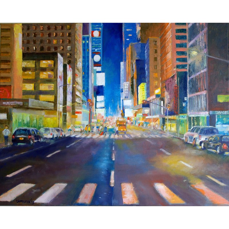 Night New York Street Original Art Oil Painting Wall Decor New York - โปสเตอร์ - วัสดุอื่นๆ หลากหลายสี