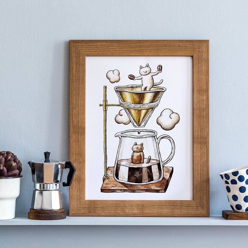 A4 猫とコーヒー アートプリント/イラスト複製画 - ポスター・絵 - 紙 ブラウン
