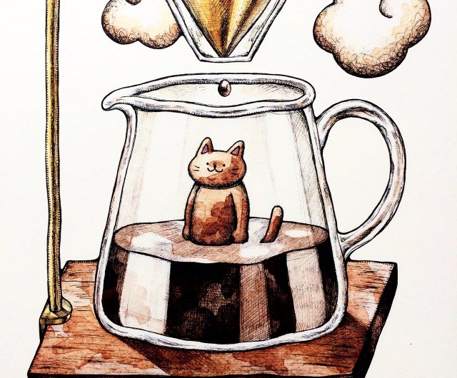 A4 猫とコーヒー アートプリント/イラスト複製画 - ショップ