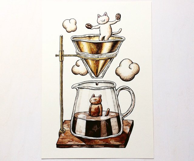 A4 猫とコーヒー アートプリント/イラスト複製画 - ショップ