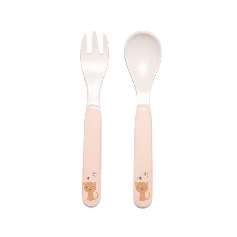 [Out of print out] Netherlands Petit Monkey bamboo fiber fork and spoon set-pink leopard - จานเด็ก - วัสดุอีโค 