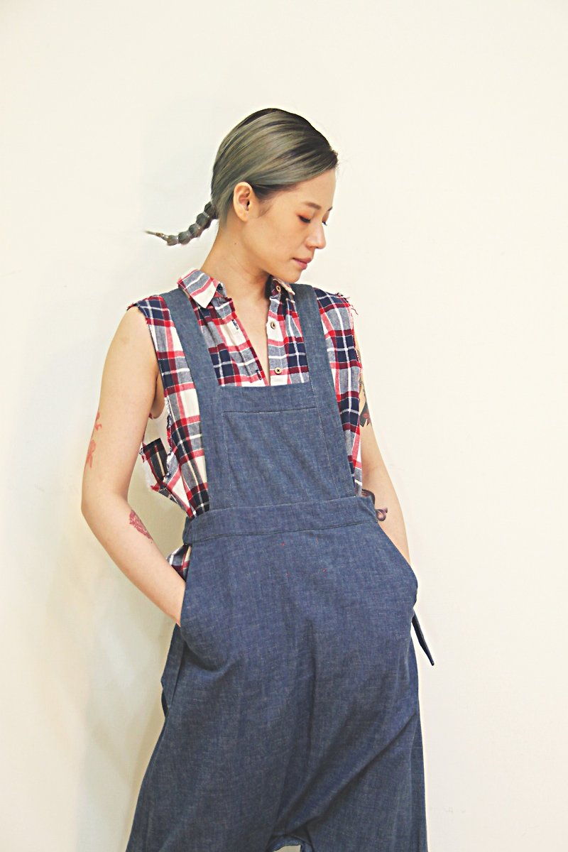 Enzyme bleaching and dyeing tannins and high-waist working hakama - light color - Overalls & Jumpsuits - Cotton & Hemp Blue