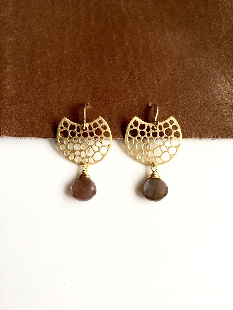 Half moon motif and Chocolate Moonstone - Earrings & Clip-ons - Gemstone Brown