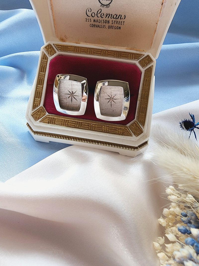 美國西洋古董飾品 / 弧面銀框霧底芒星純銀袖扣Cufflinks - 袖扣 - 純銀 