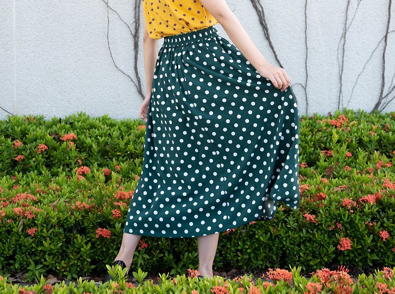 波卡圓點中長裙 Polka Dot Skirt - 裙子/長裙 - 聚酯纖維 綠色