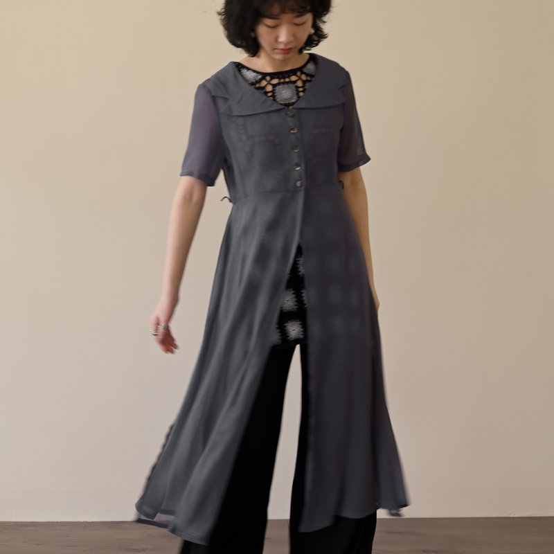 【NaSuBi Vintage】純色紗質長版古著罩衫 - 女上衣/長袖上衣 - 其他人造纖維 