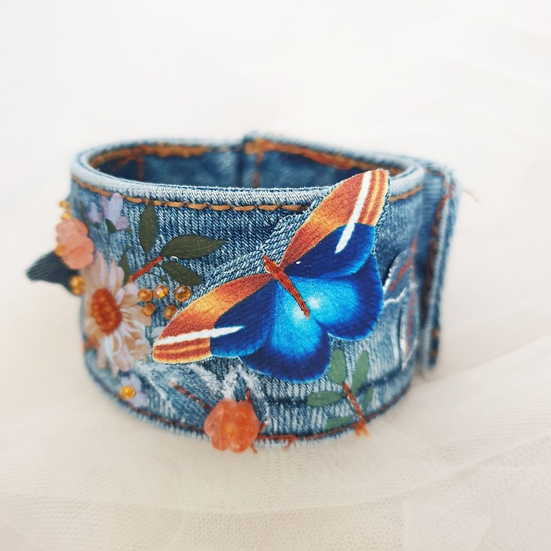 Upcycled Denim Bracelet Butterflies - Bracelets - Other Metals Blue