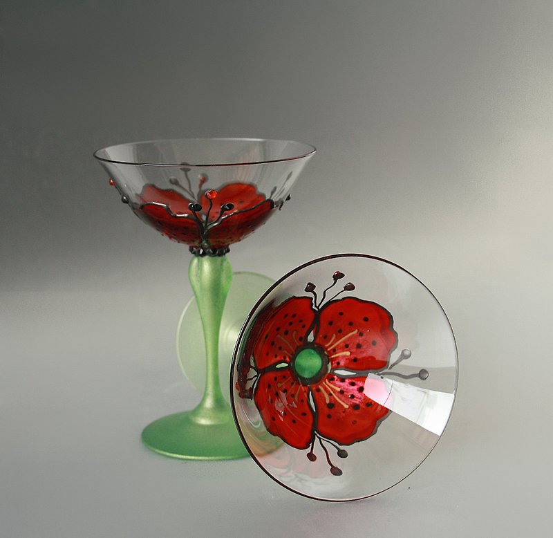 Poppy Glasses Martini Champagne Hand Painted set of 2 - 酒杯/酒器 - 玻璃 紅色