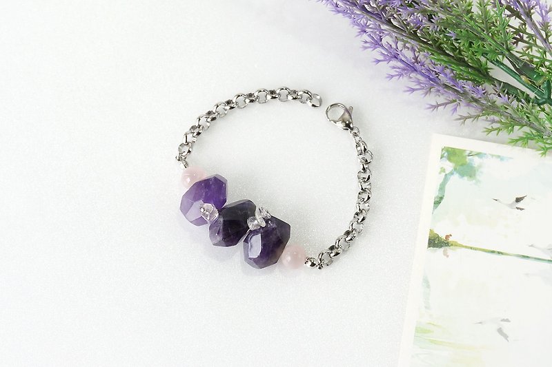 Purple Amethyst Stone Bracelet with Pink Rose Quartz and Ametrine Chips - Bracelets - Gemstone Purple