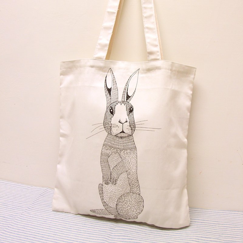 Rolia's 手作 限量 兔子 雙面圖案 棉布肩背包 - 側背包/斜背包 - 棉．麻 白色