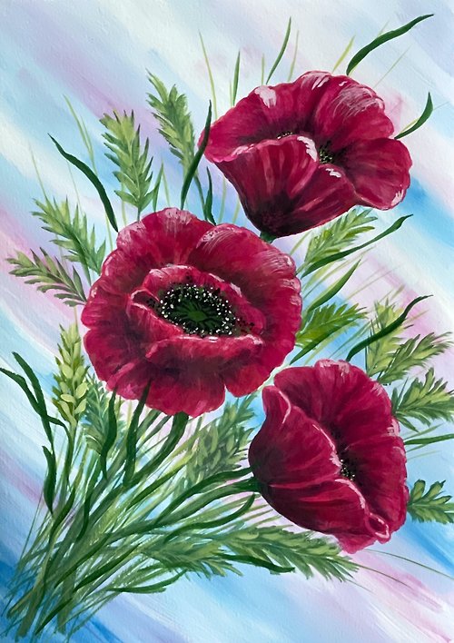 vernissage-VG-galery Bouquet of burgundy poppies. Painting Gouache.