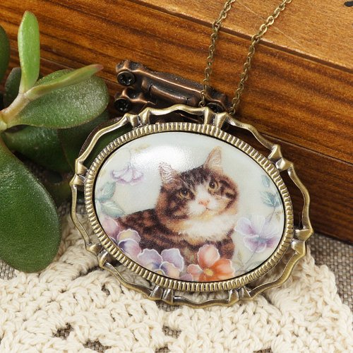 正規 猫子猫磁器カメオピンブローチとペンダントネックレス2in1女性 アクセサリー