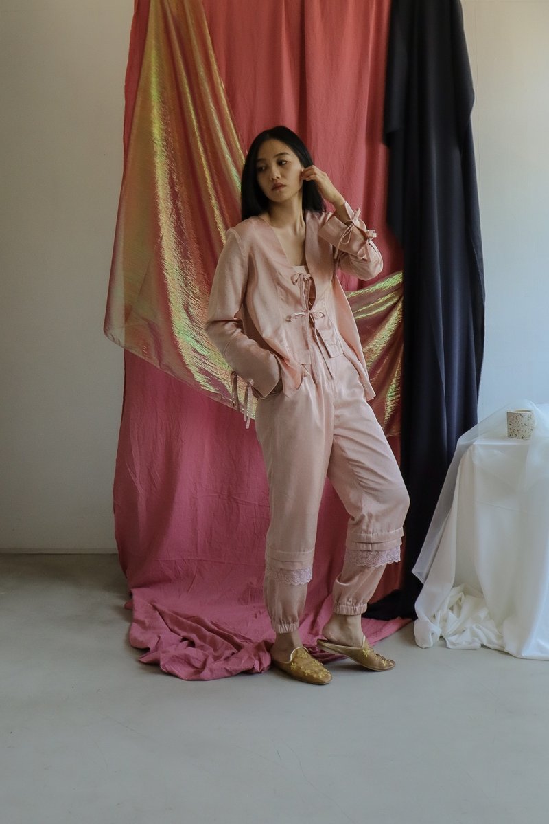聚酯纖維 女上衣/長袖上衣 粉紅色 - 綁帶蝴蝶結罩衫