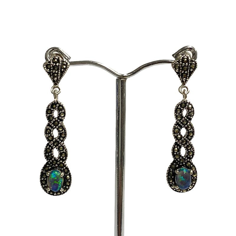 Art Deco Green Gilson Opal Spiral Set Pendant and Earrings 925 Sterling Silver - 耳環/耳夾 - 純銀 銀色