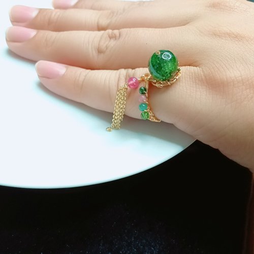14k natural stone green ghost crystal tourmaline tassel ring
