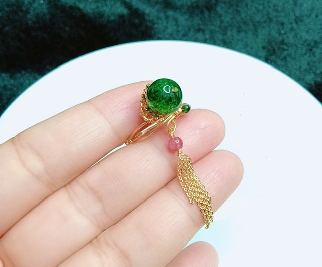 14k natural stone green ghost crystal tourmaline tassel ring