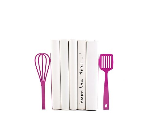 Design Atelier Article Spatula and whisk kitchen bookends. Purple modern kitchen decor.