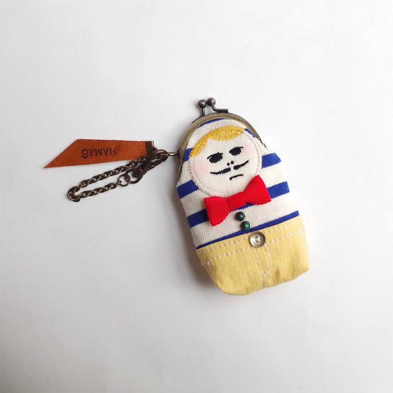 濱尾藍色邊框的硬幣包×黃色褲子 - 化妝包/收納袋 - 棉．麻 黃色